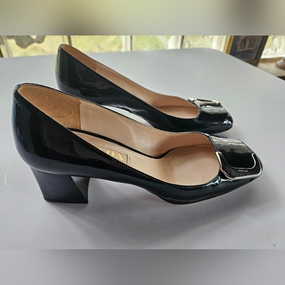 PRADA Black Patent Leather Block Heel Buckle Square Toe Pumps | SZ 6.5 - Picture 11 of 12